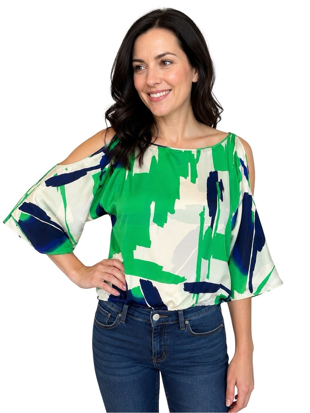 Akiko 100% Silk Abstract Brushstroke Cold Shoulder Top Small